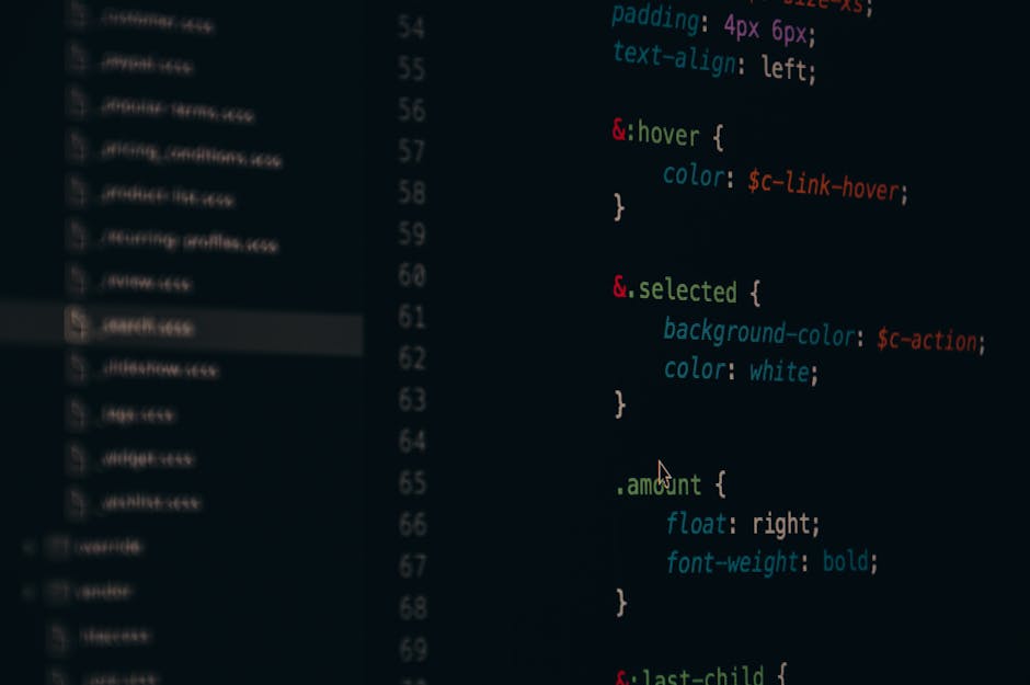 Close-up of colorful CSS code lines on a computer screen for web development